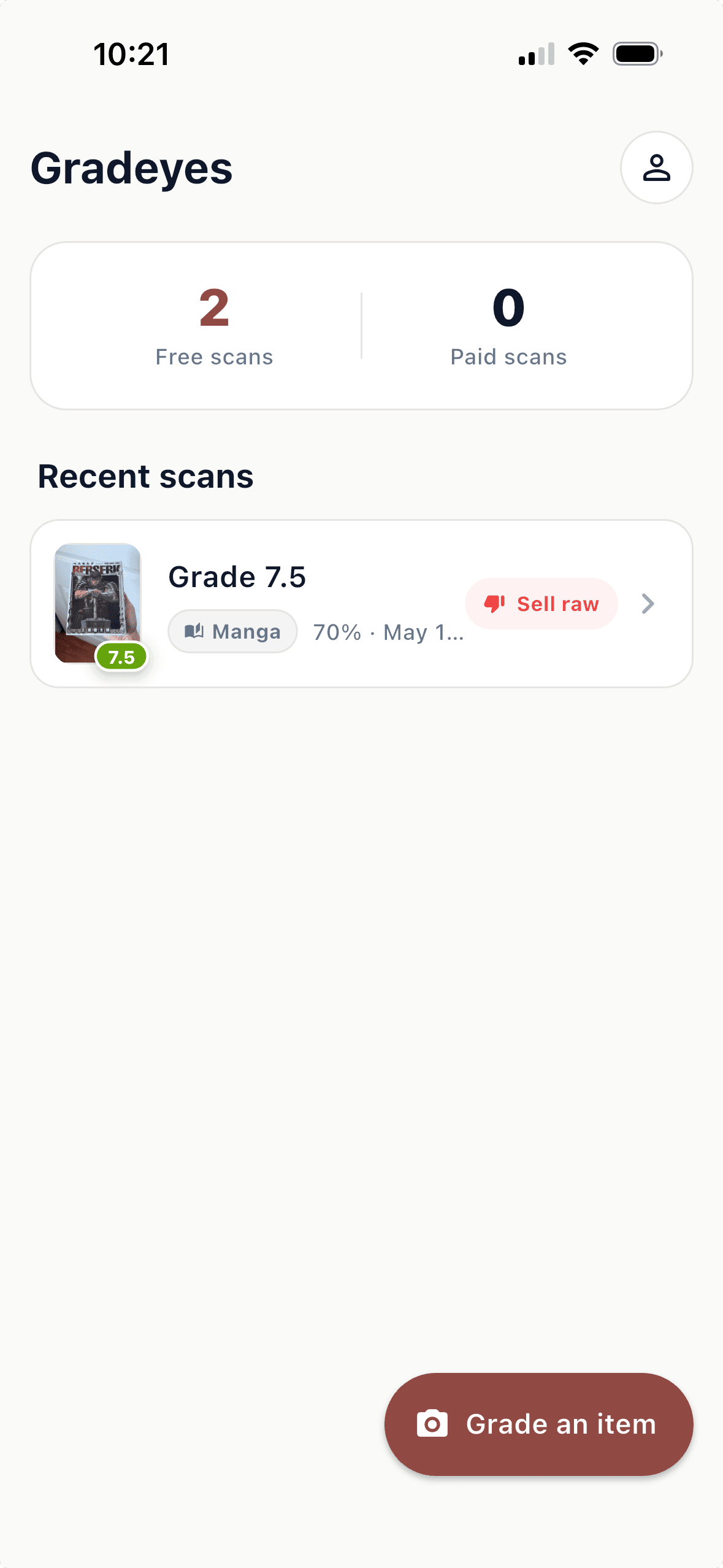 Home screen — recent scans with sell-or-slab verdict